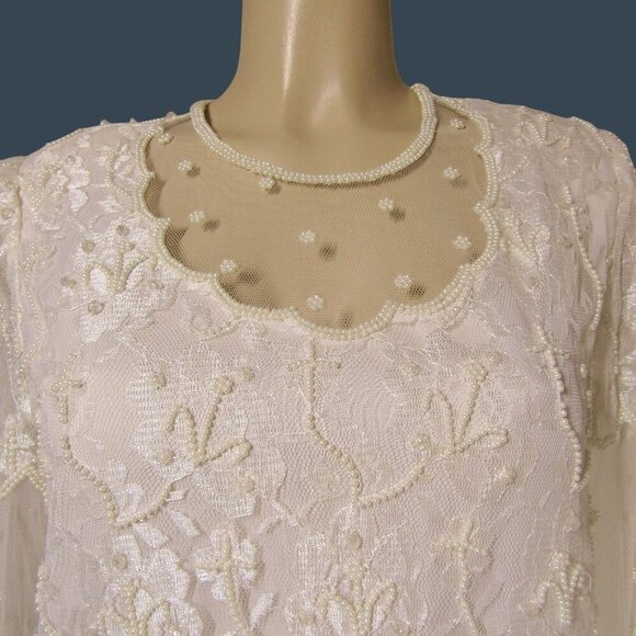 VTG SCALA M Lace Beaded Romantic Wedding Flapper Drop Waist Midi Maxi Dress - Picture 3 of 15